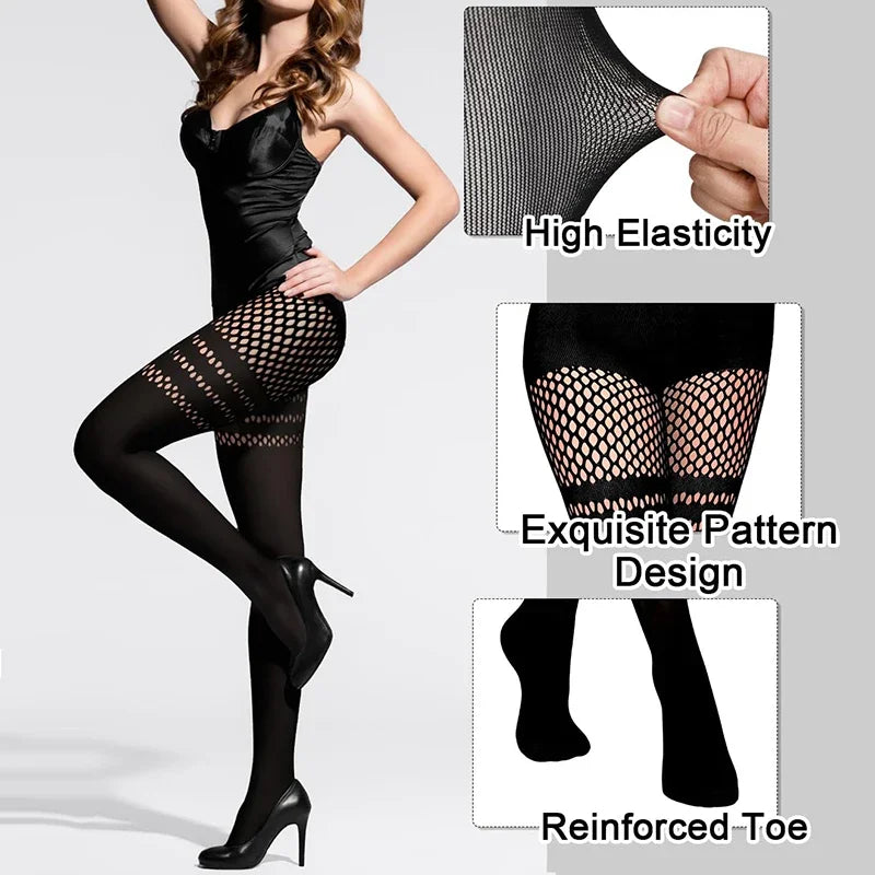 Collants Résille Faux-Cuissardes – Rayures, Bretelles & Patchwork
