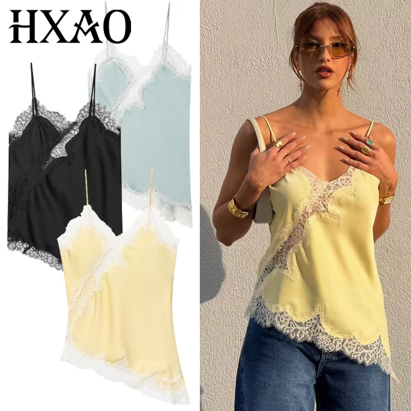 Top Slip Asymétrique Satin Dentelle Dos Nu – Y2K Chic Femme