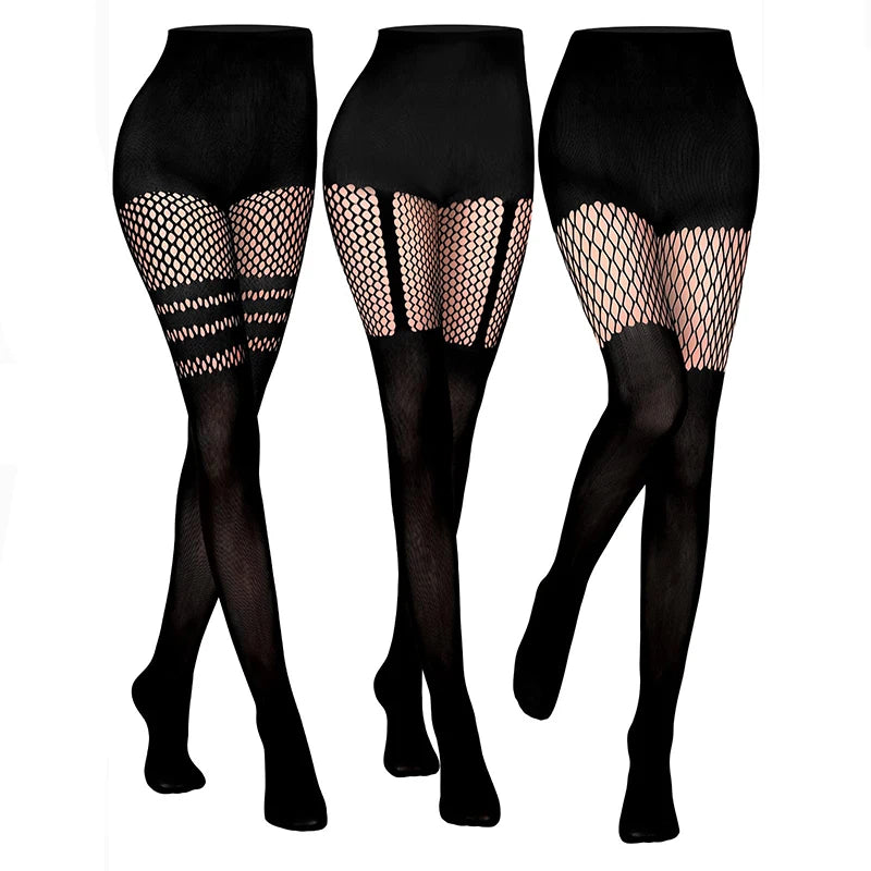 Collants Résille Faux-Cuissardes – Rayures, Bretelles & Patchwork