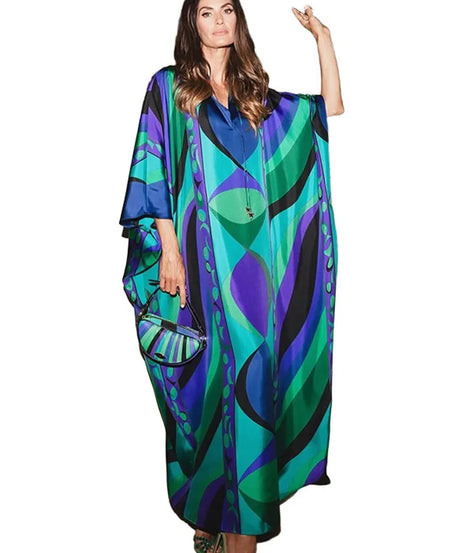 Robe Longue Bohème Florale Col V Manches 3/4 – Maxi Loose Été