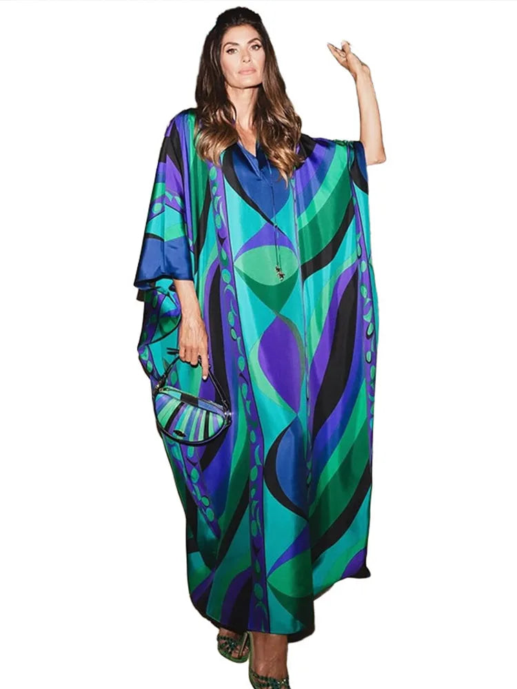 Robe Longue Bohème Florale Col V Manches 3/4 – Maxi Loose Été