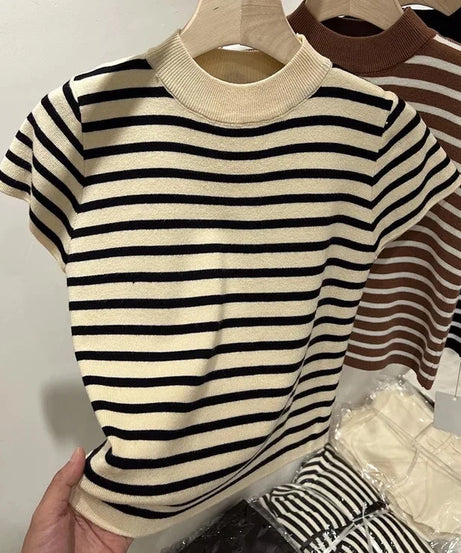 Pull Col Rouleau Rayé Manches Courtes Slim – Demi-Saison