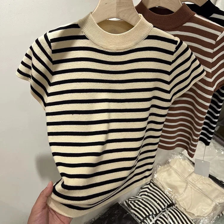 Pull Col Rouleau Rayé Manches Courtes Slim – Demi-Saison