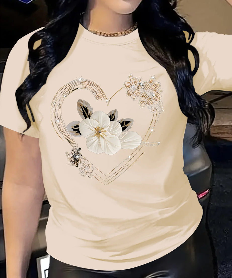 T-Shirt Casual Manches Courtes Imprimé Cœur Floral – Femme