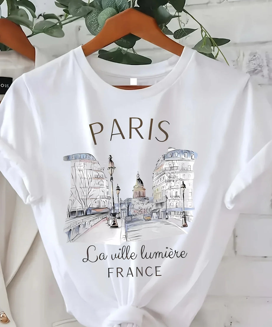 T-Shirt Imprimé 90s Paris Col Rond – Style Rétro Casual