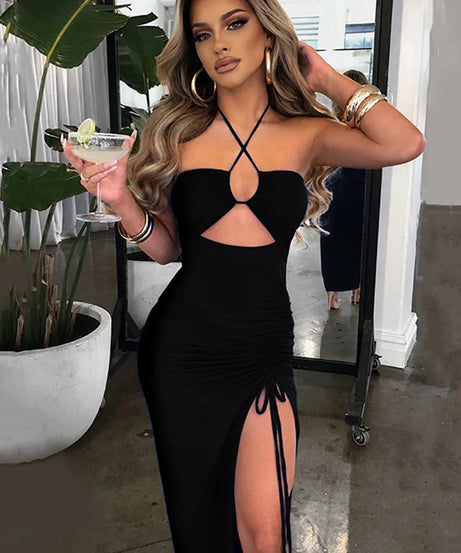 Robe Midi Bodycon Dos Nu Sans Manches Col V – Slim Night Club
