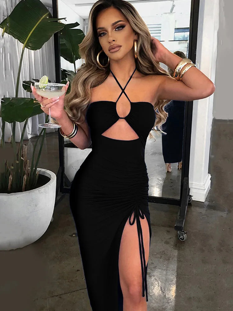 Robe Midi Bodycon Dos Nu Sans Manches Col V – Slim Night Club