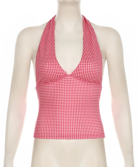 Crop Top Halter Y2K Coquette Imprimé Cœurs & Carreaux