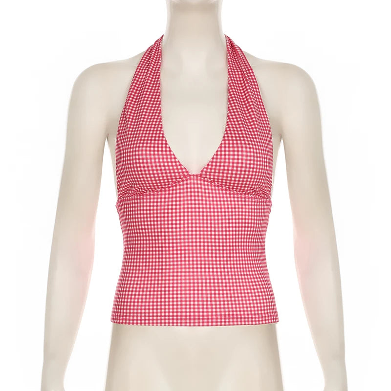 Crop Top Halter Y2K Coquette Imprimé Cœurs & Carreaux