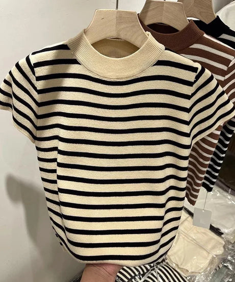 Pull Col Rouleau Rayé Manches Courtes Slim – Demi-Saison