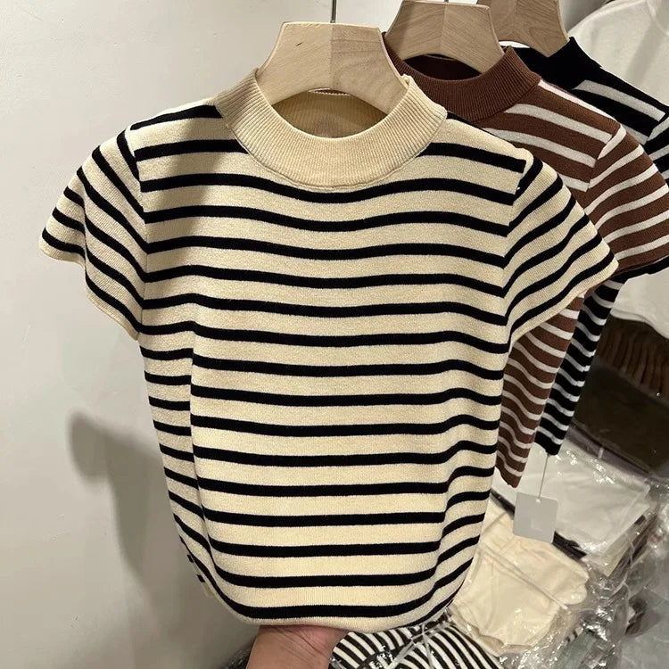 Pull Col Rouleau Rayé Manches Courtes Slim – Demi-Saison