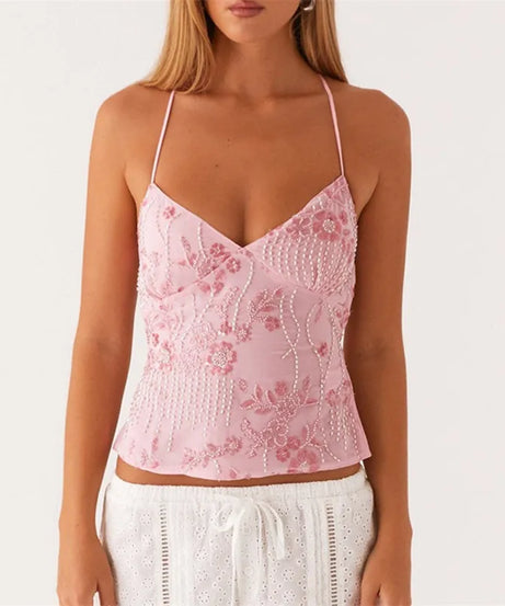 Crop Top Camisole Y2K Sequins Perles Col V Dos Nu – Brillance