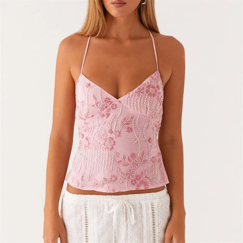 Crop Top Camisole Y2K Sequins Perles Col V Dos Nu – Brillance