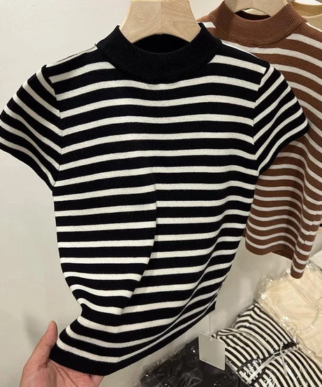 Pull Col Rouleau Rayé Manches Courtes Slim – Demi-Saison