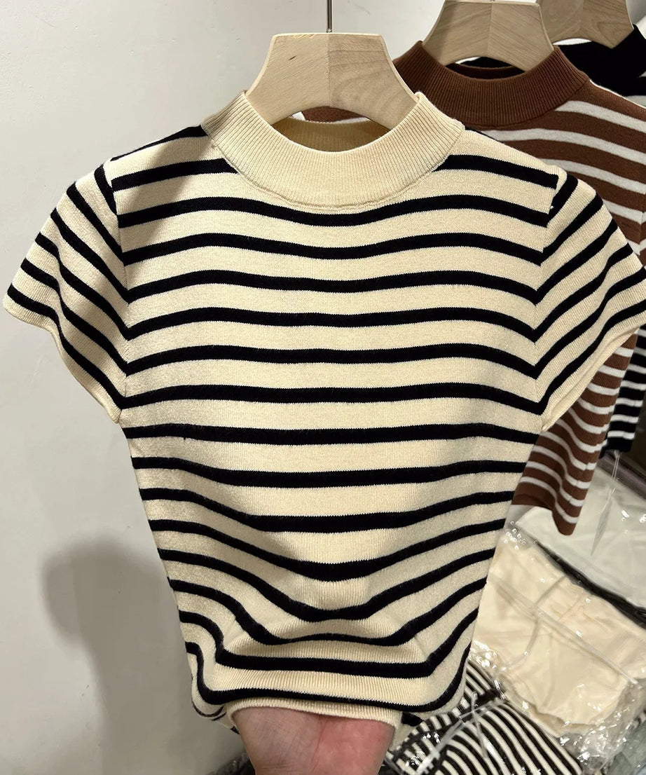 Pull Col Rouleau Rayé Manches Courtes Slim – Demi-Saison