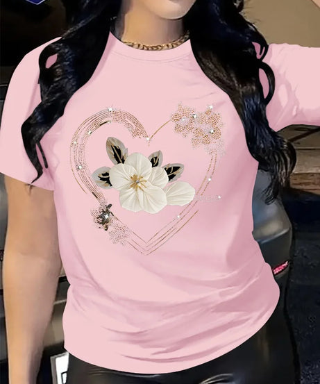 T-Shirt Casual Manches Courtes Imprimé Cœur Floral – Femme