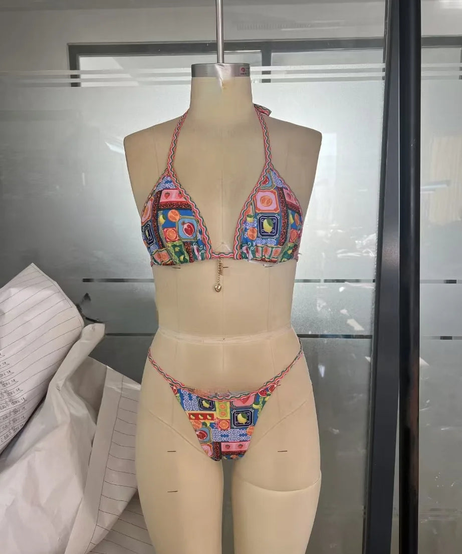 Bikini Tropical Halter Push Up Tanga – Micro Maillot Été
