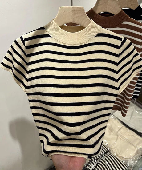 Pull Col Rouleau Rayé Manches Courtes Slim – Demi-Saison