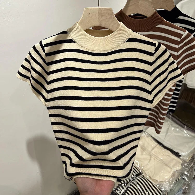 Pull Col Rouleau Rayé Manches Courtes Slim – Demi-Saison