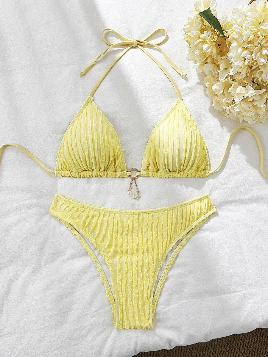 Bikini Halter Froncé Volants 2 Pièces – Coupe Haute Brésilienne