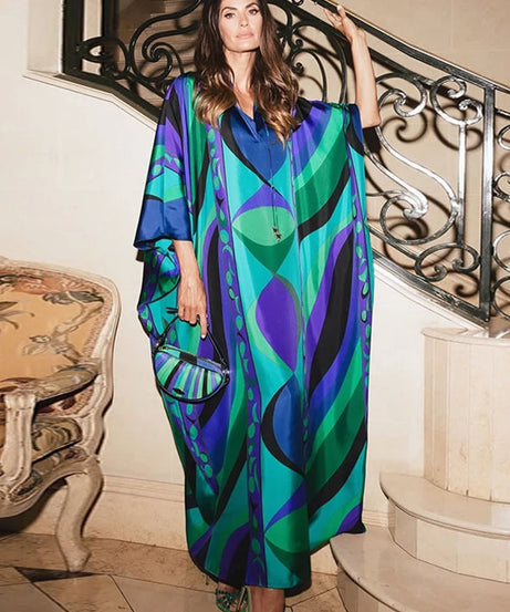 Robe Longue Bohème Florale Col V Manches 3/4 – Maxi Loose Été