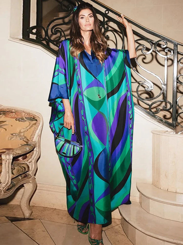 Robe Longue Bohème Florale Col V Manches 3/4 – Maxi Loose Été