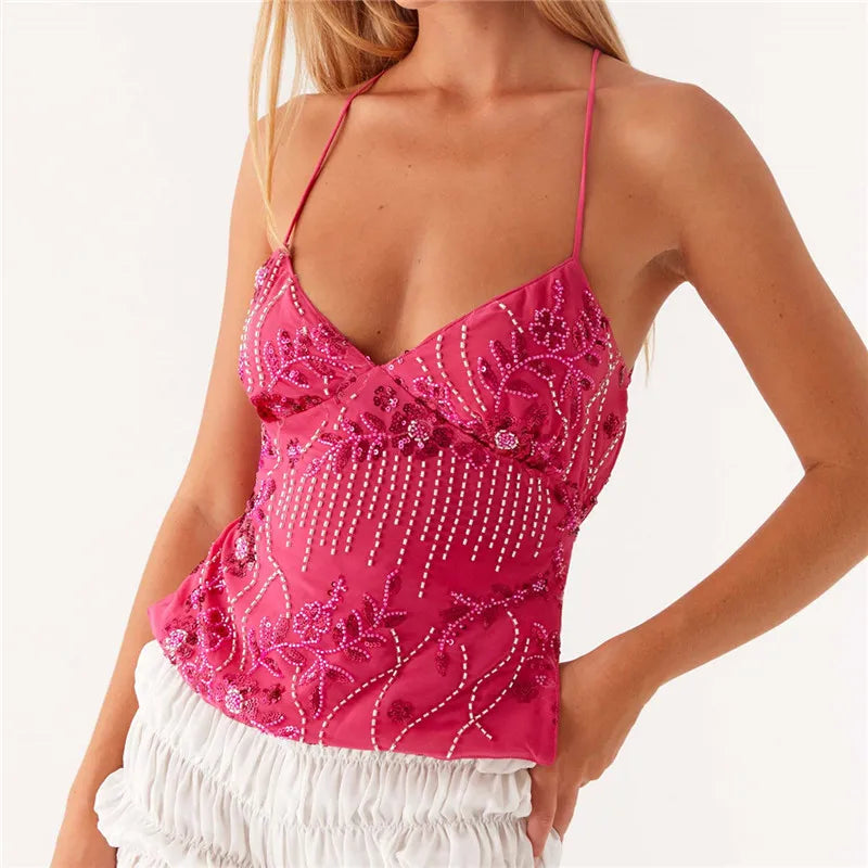 Crop Top Camisole Y2K Sequins Perles Col V Dos Nu – Brillance