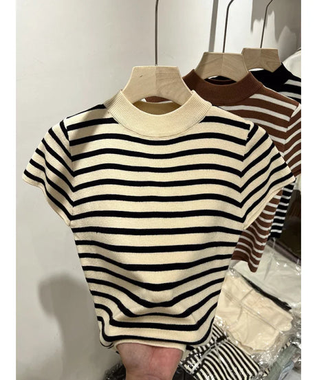 Pull Col Rouleau Rayé Manches Courtes Slim – Demi-Saison