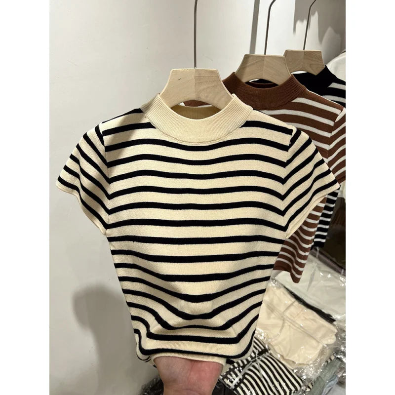 Pull Col Rouleau Rayé Manches Courtes Slim – Demi-Saison