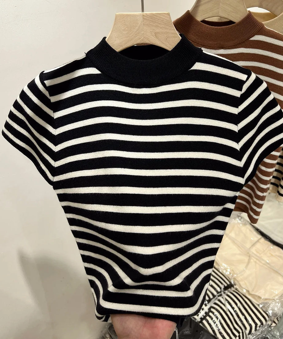 Pull Col Rouleau Rayé Manches Courtes Slim – Demi-Saison