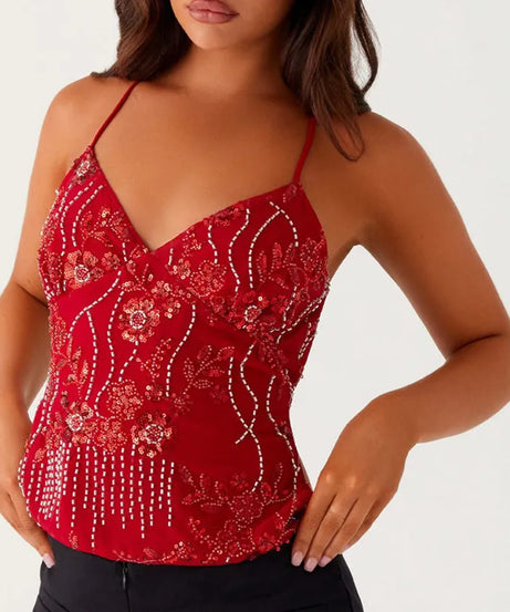 Crop Top Camisole Y2K Sequins Perles Col V Dos Nu – Brillance