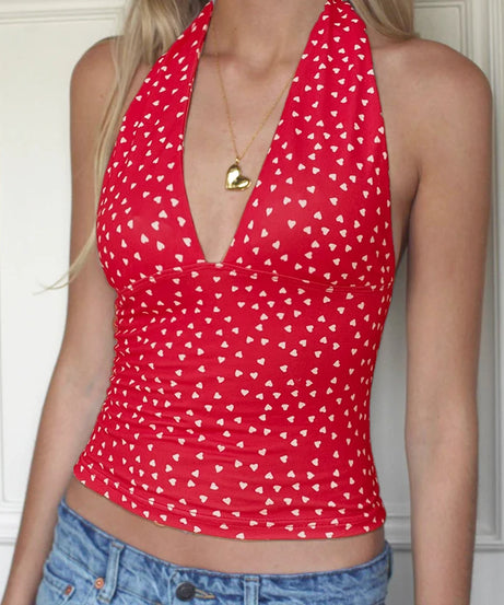 Crop Top Halter Y2K Coquette Imprimé Cœurs & Carreaux