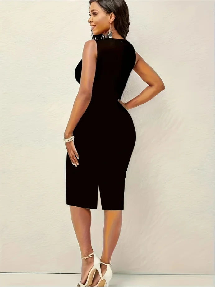 Robe Crayon Imprimée Col V Mi-Longue – Slim & Tendance