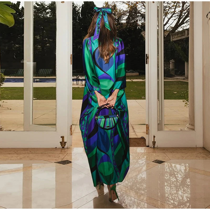 Robe Longue Bohème Florale Col V Manches 3/4 – Maxi Loose Été