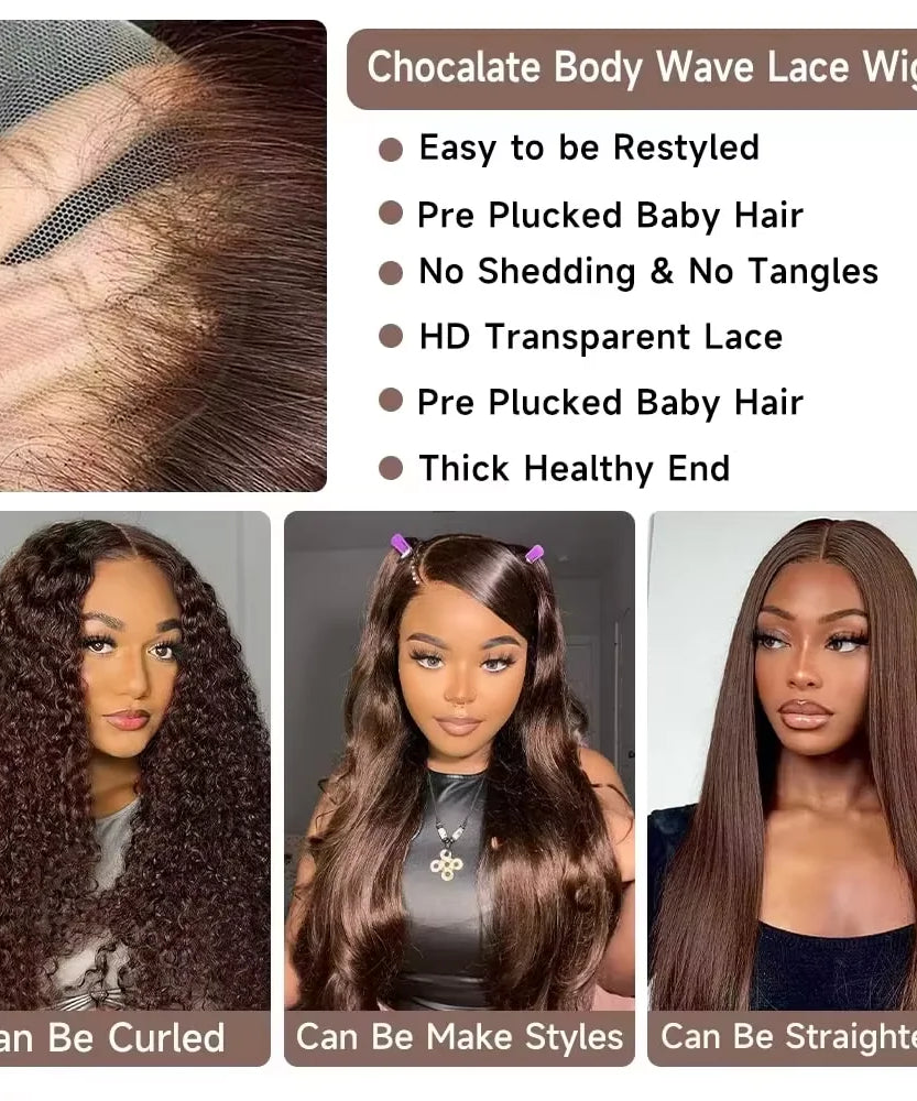 Perruque Lace Front HD Body Wave Brun Chocolat – Jusqu'à 46 Pouces