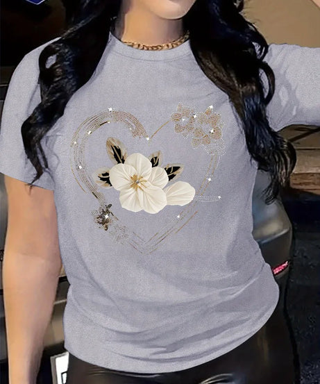 T-Shirt Casual Manches Courtes Imprimé Cœur Floral – Femme