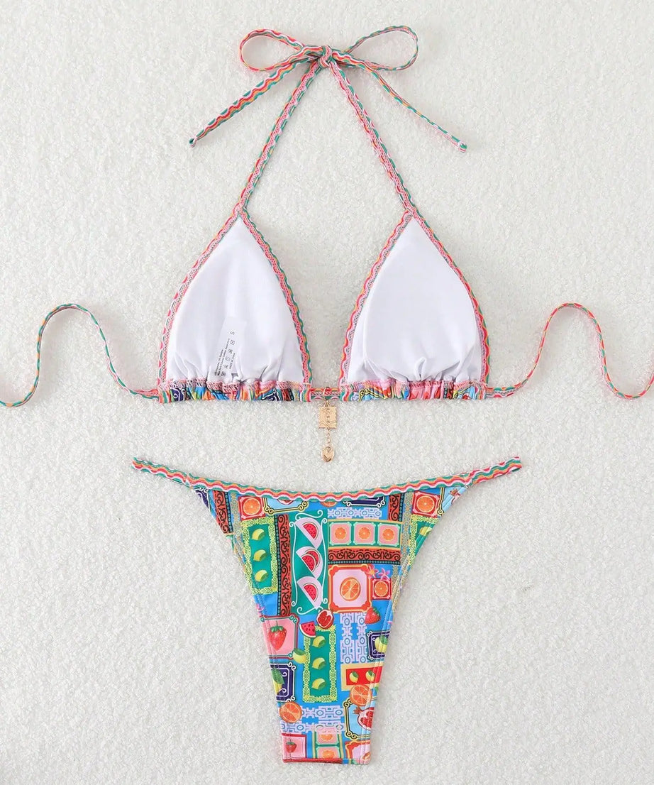 Bikini Tropical Halter Push Up Tanga – Micro Maillot Été