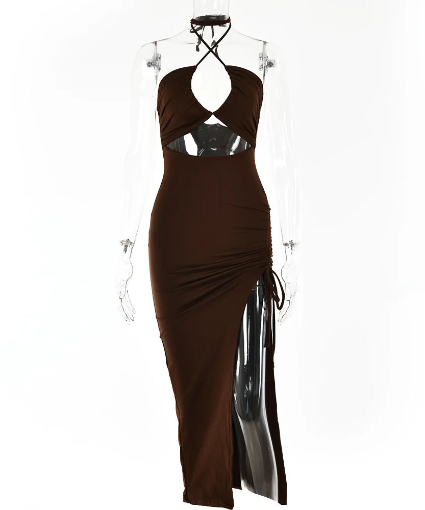 Robe Midi Bodycon Dos Nu Sans Manches Col V – Slim Night Club