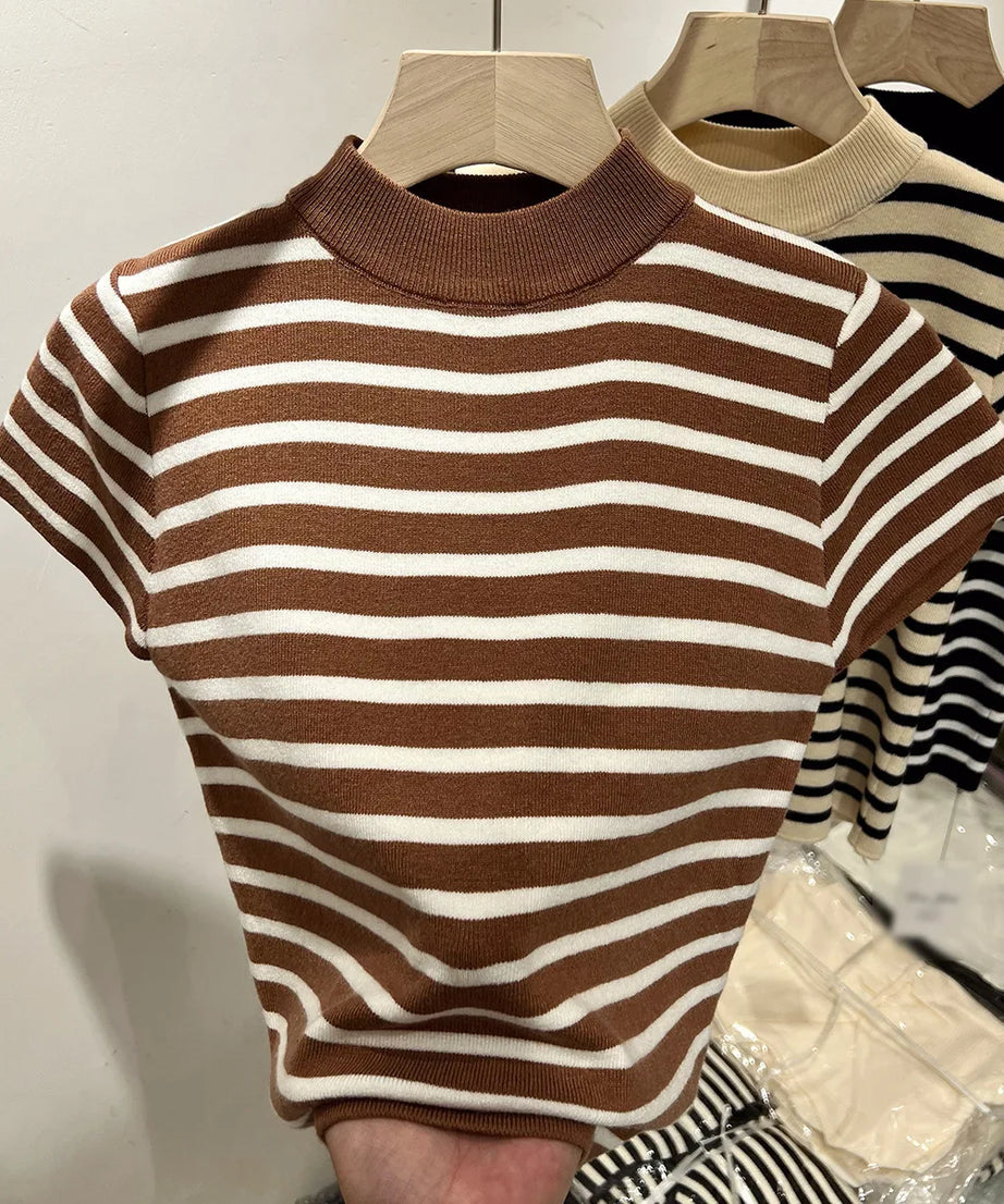 Pull Col Rouleau Rayé Manches Courtes Slim – Demi-Saison