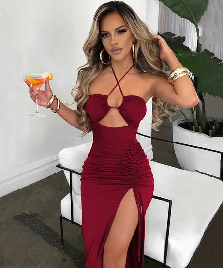 Robe Midi Bodycon Dos Nu Sans Manches Col V – Slim Night Club