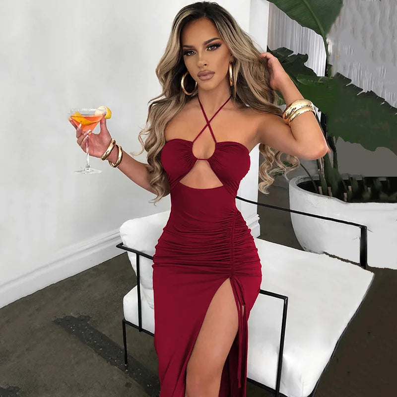 Robe Midi Bodycon Dos Nu Sans Manches Col V – Slim Night Club