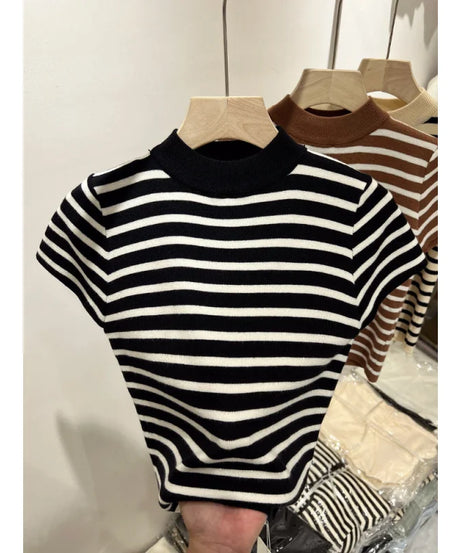 Pull Col Rouleau Rayé Manches Courtes Slim – Demi-Saison