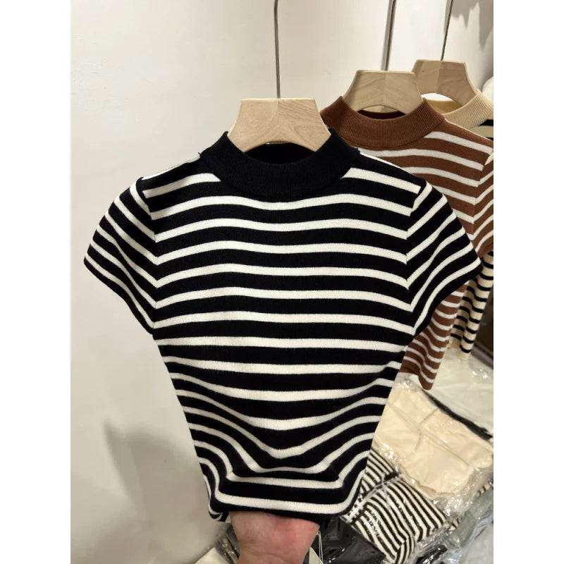 Pull Col Rouleau Rayé Manches Courtes Slim – Demi-Saison