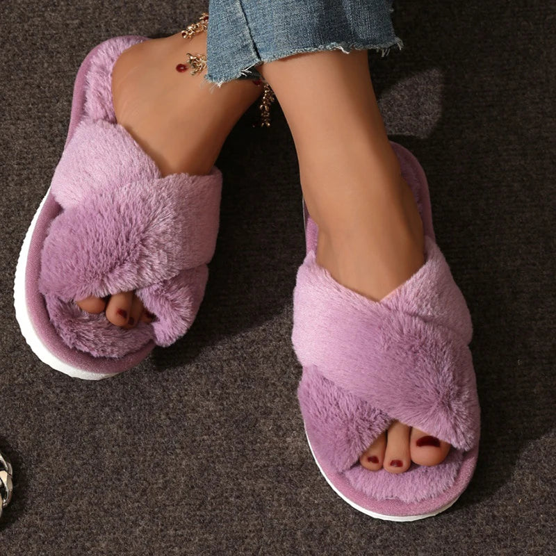 Chaussons Mules Fourrure Bride Croisée – Confort Maison Femme
