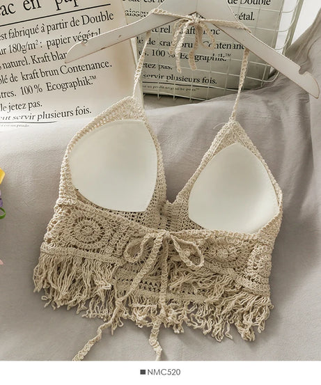 Crop Top Halter Ajouré Bretelles Dentelle dos – Soutien Intégré