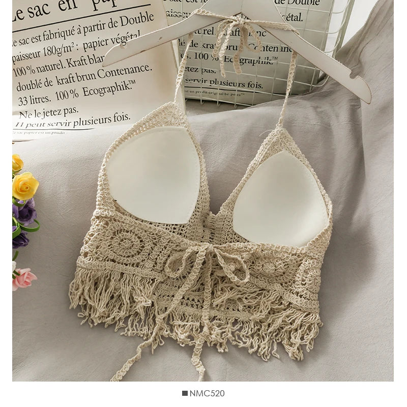 Crop Top Halter Ajouré Bretelles Dentelle dos – Soutien Intégré