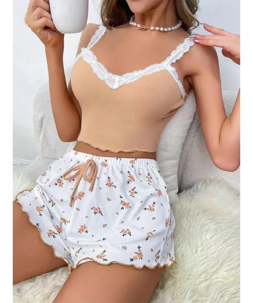 Ensemble Pyjama Dentelle 2 Pièces Camisole + Short – Été Femme