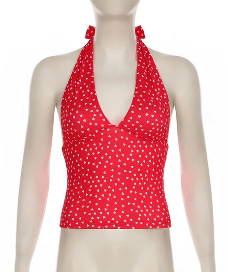 Crop Top Halter Y2K Coquette Imprimé Cœurs & Carreaux