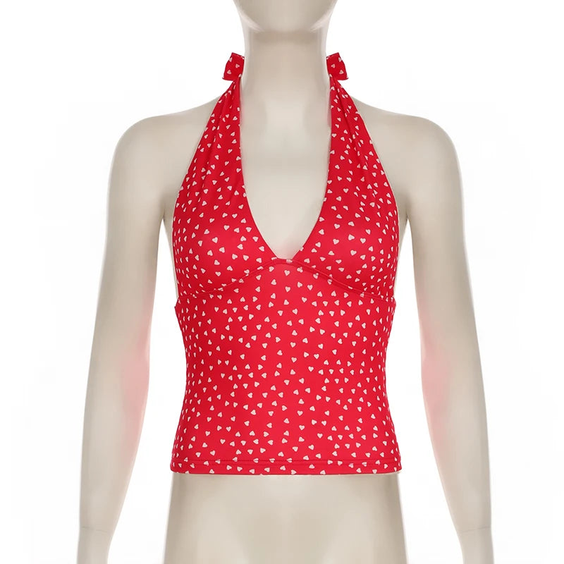 Crop Top Halter Y2K Coquette Imprimé Cœurs & Carreaux