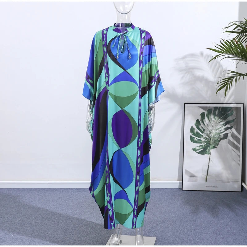 Robe Longue Bohème Florale Col V Manches 3/4 – Maxi Loose Été